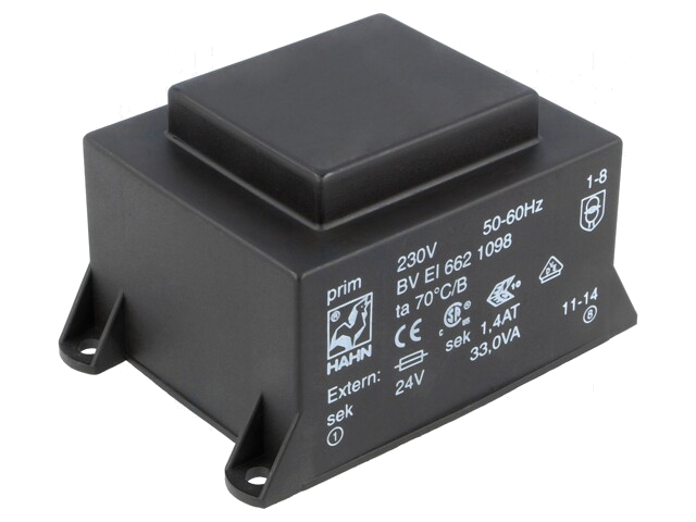 Transformator: ingegoten; 33VA; 230VAC; 24V; 1375mA; PCB; BVEI Transformator: ingegoten; 33VA; 230VAC; 24V; 1375mA; PCB; BVEI